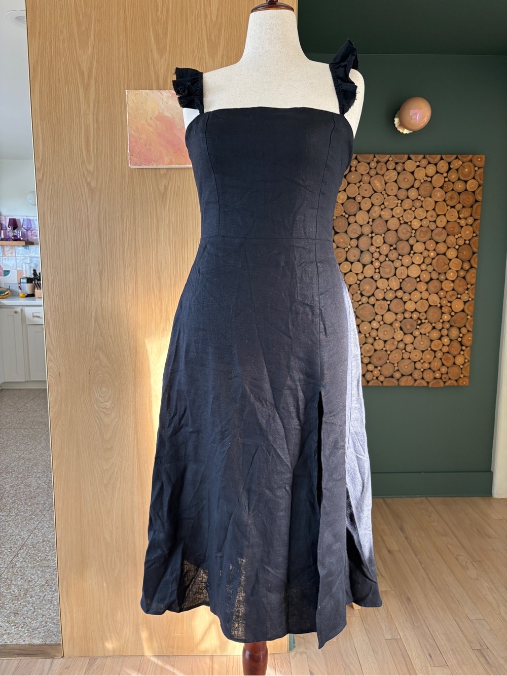 Black Ruffled Strap Linen Midi Dress - Reformation